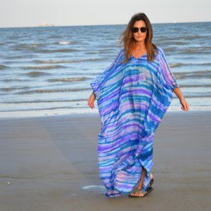 Silk Caftan Kaftan beach coverup resort vacation Med Large XL purple blue white